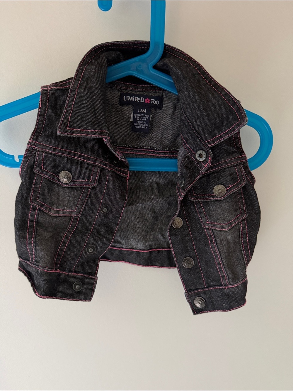 Limited Too Black Denim Vest with Pink Stitching
